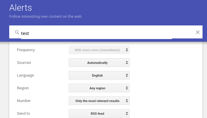 Google Alerts settings